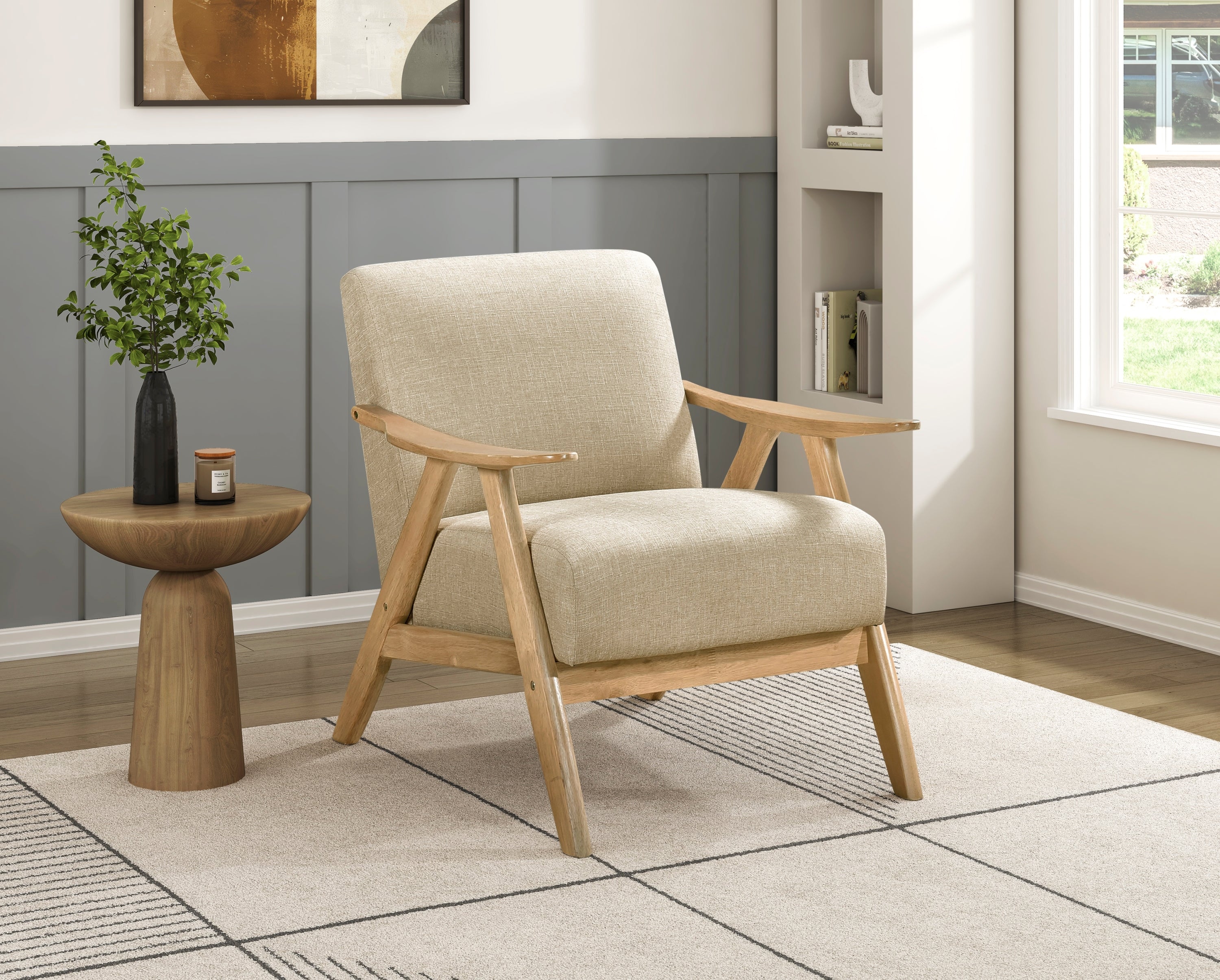 Modern Home Furniture Light Brown Fabric Upholstered 1pc Accent Chair Cushion Back and Seat Natural Finish Solid Rubber Wood Furniture