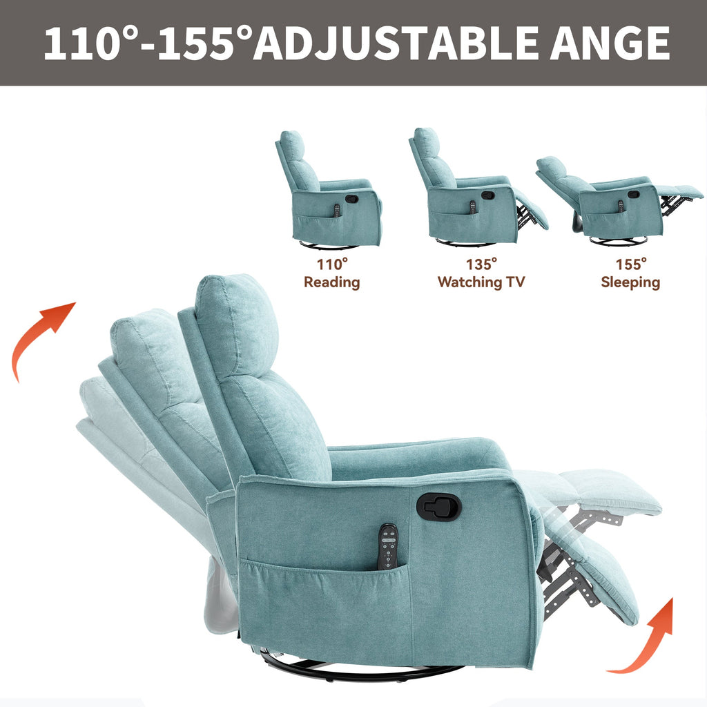 Heat Massage Manual Recliner Chair with Rocker and Swivel in Fabric for Living Room, Blue-Green