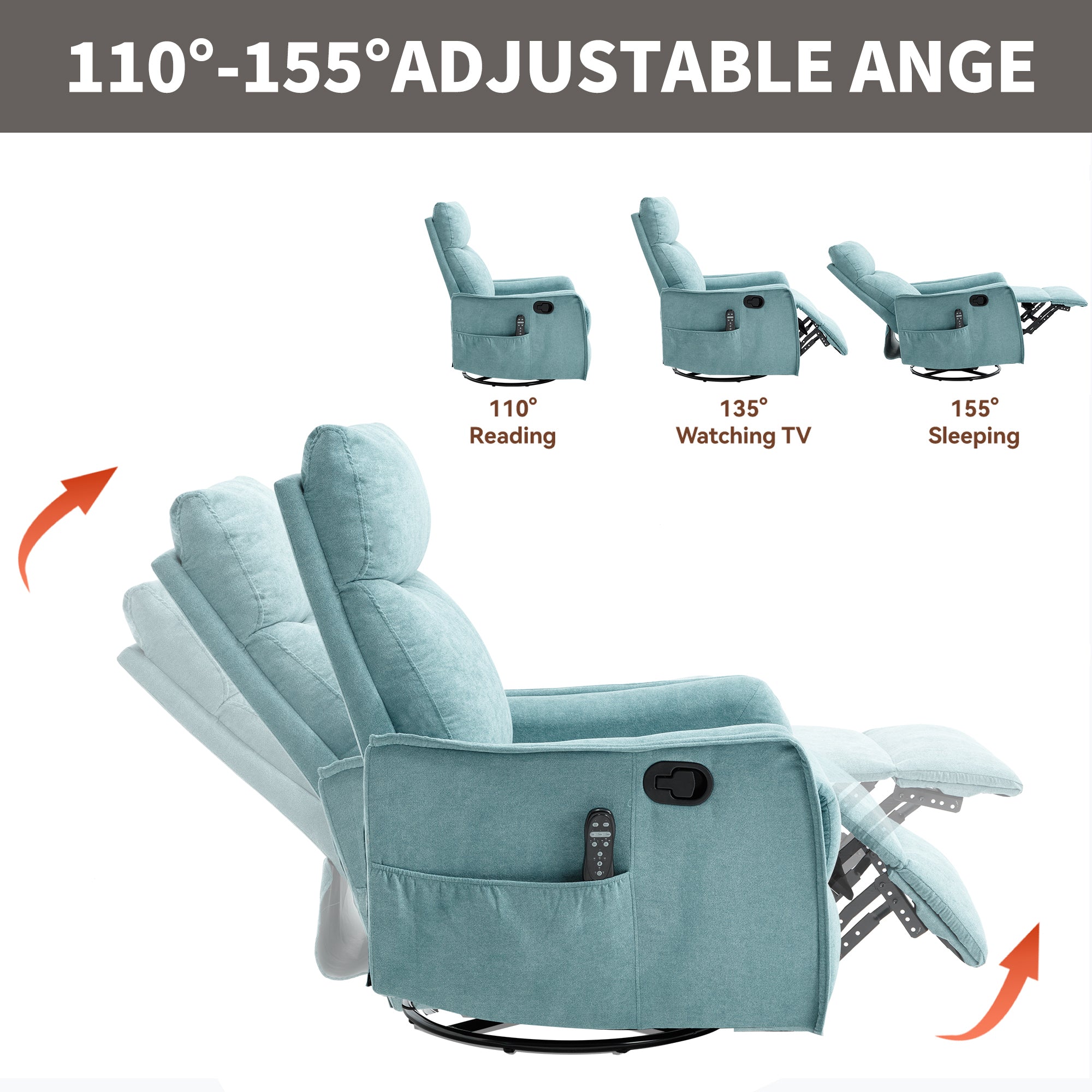 Heat Massage Manual Recliner Chair with Rocker and Swivel in Fabric for Living Room, Blue-Green