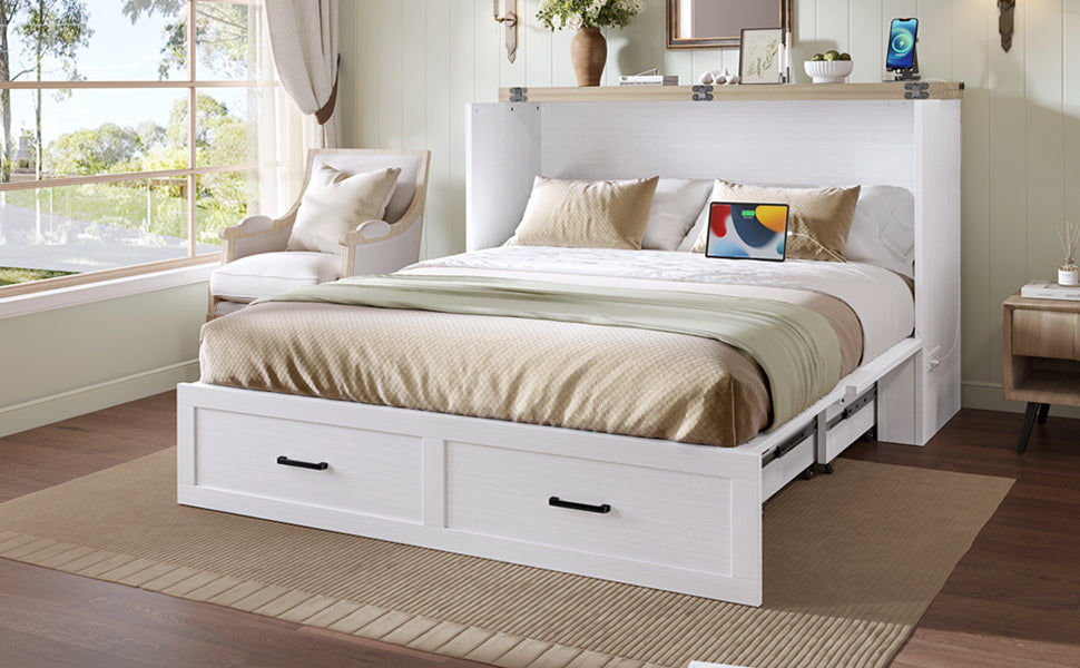 Murphy Bed Cabinet Queen Size with Charging Station, Multi-Functional Foldable Platform Bed with 1 Large Storage Drawer for Guest Room, Small Bedroom, White
