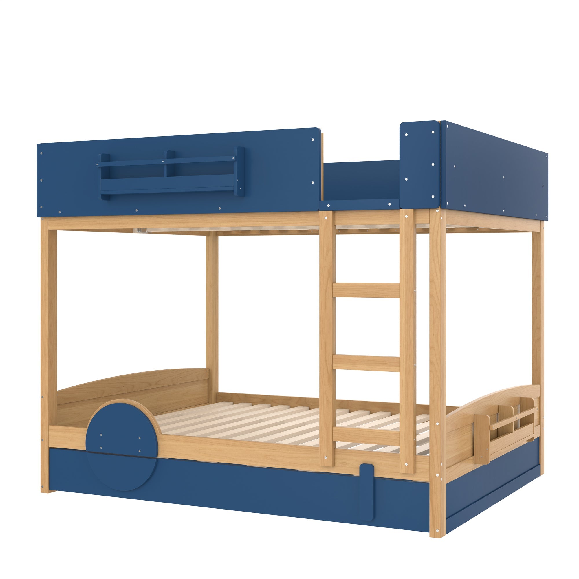 Queen Bunk Bed with Trundle , Wood Bunk Bed Frame with Built-in Bookshelf and High-quality Safety Guardrail,Automobile Form Design for Kids ,Blue＆Natural