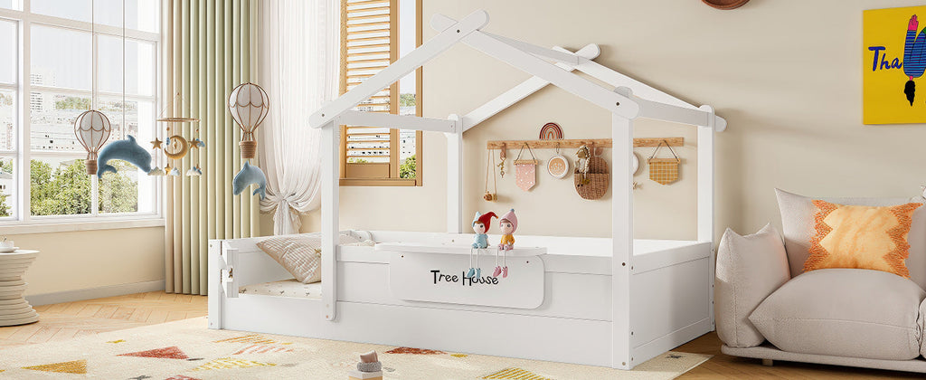 Twin Size Floor Bed with Guardrails and Roof, Kids House Floor Bed with a Small Built-in Tray and Free-installed Signboard, Childlike Design, White