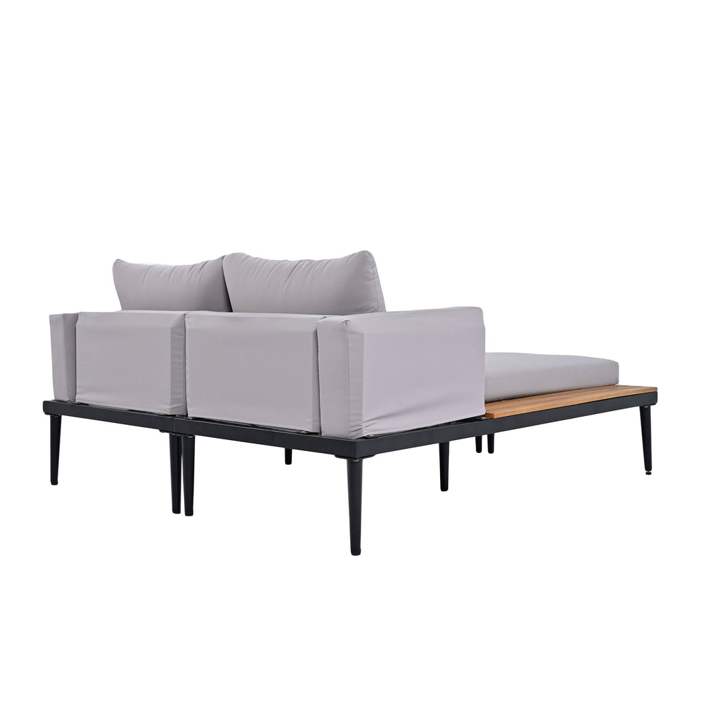 TOPMAX Modern Outdoor Daybed Patio Metal Daybed with Wood Topped Side Spaces for Drinks, 2 in 1 Padded Chaise Lounges for Poolside, Balcony, Deck, Gray