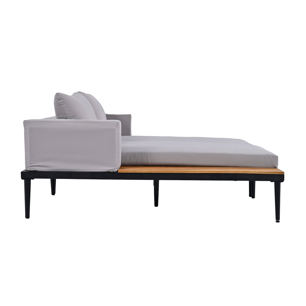 TOPMAX Modern Outdoor Daybed Patio Metal Daybed with Wood Topped Side Spaces for Drinks, 2 in 1 Padded Chaise Lounges for Poolside, Balcony, Deck, Gray