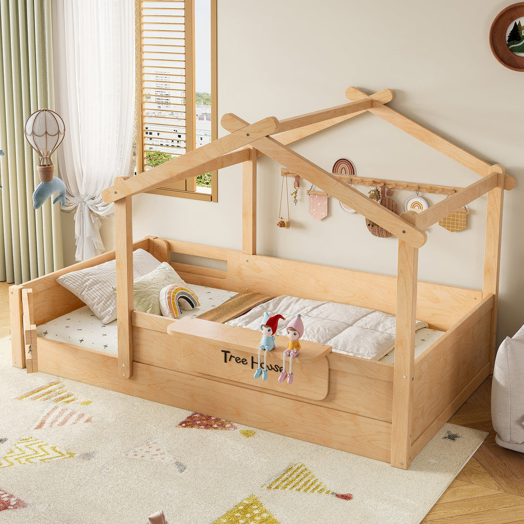 Twin Size Floor Bed with Guardrails and Roof, Kids House Floor Bed with a Small Built-in Tray and Free-installed Signboard, Childlike Design, Natural