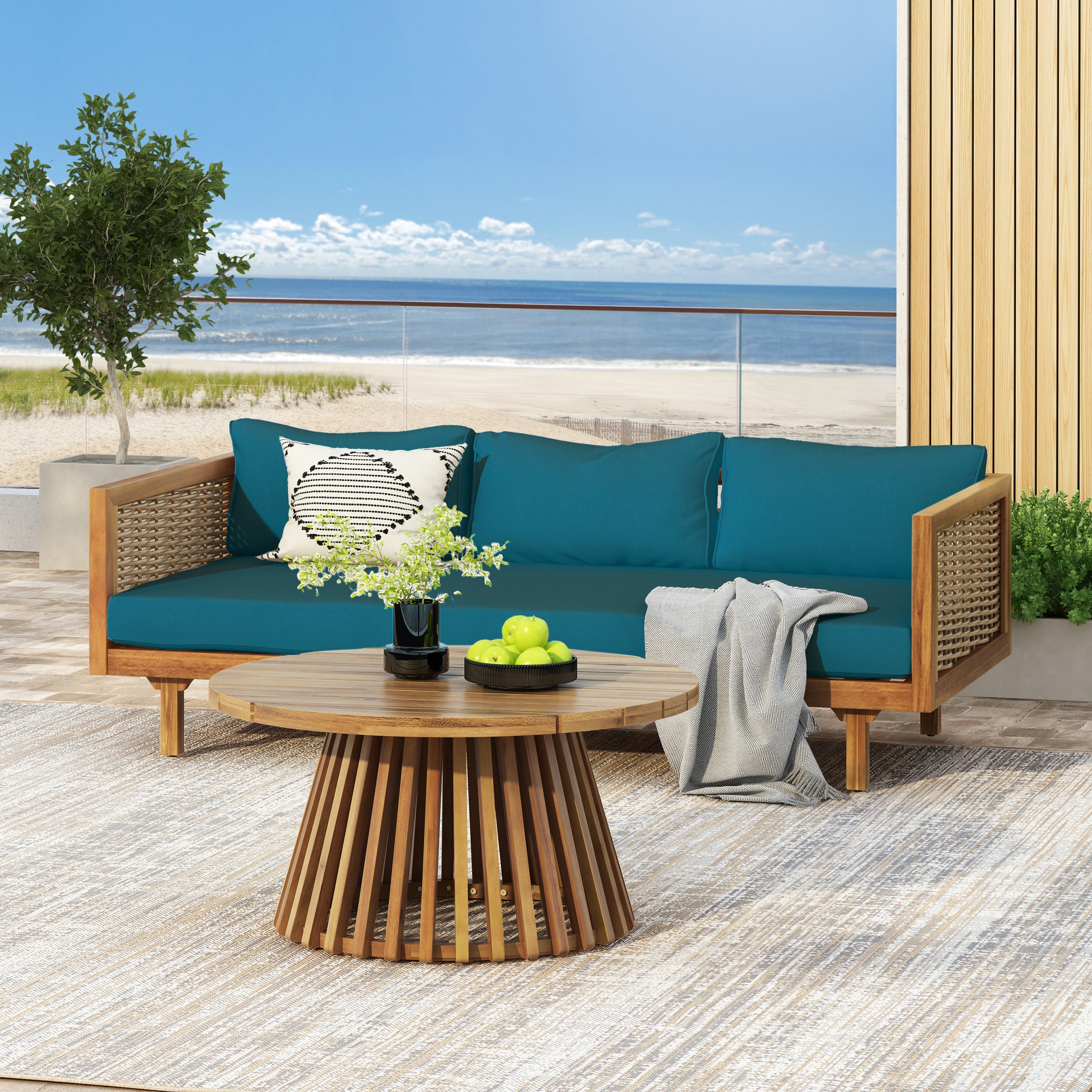 PATIO FURNITRE SETS : CLAREMONT 3 SEATER DAYBED + ACACIA WOOD TABLE