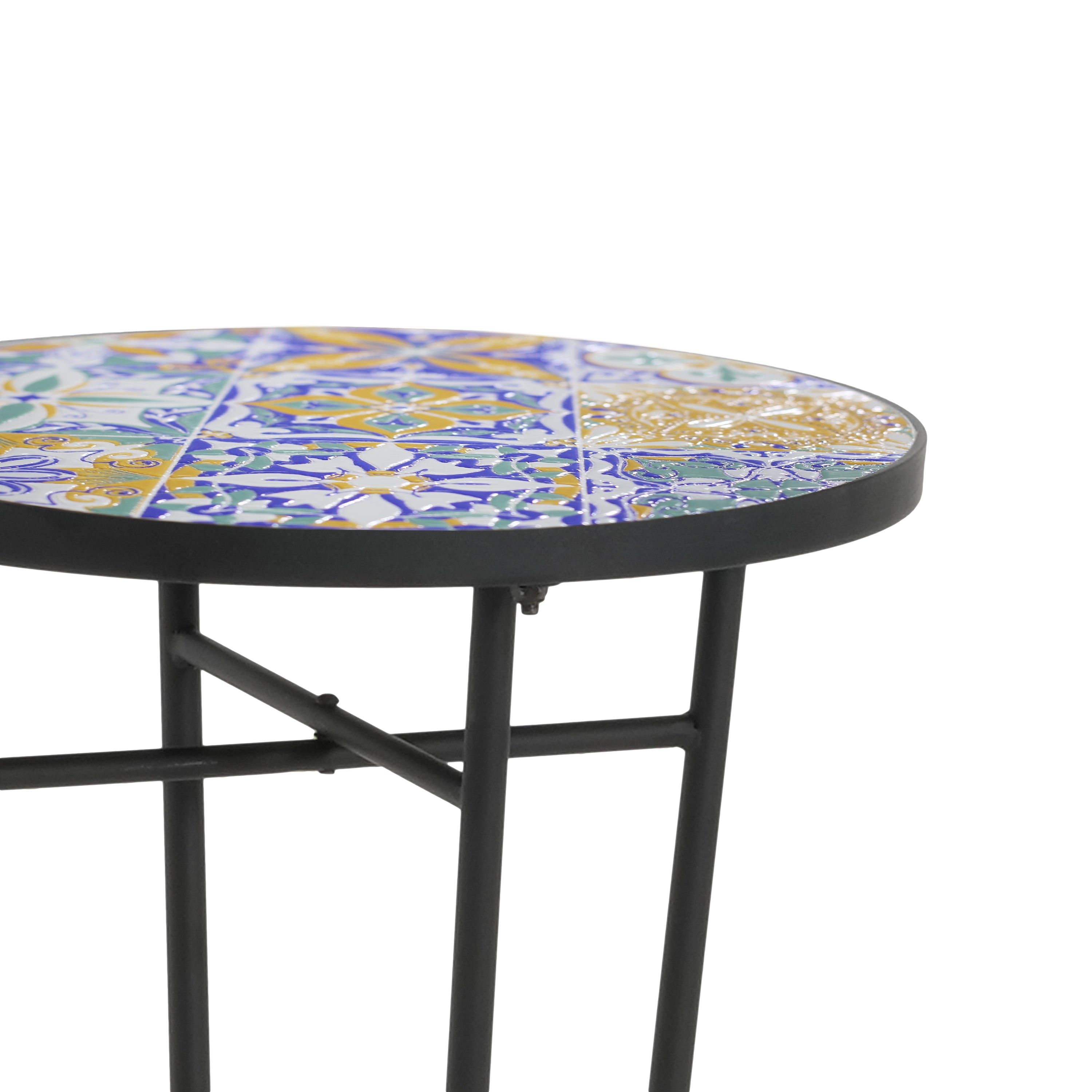 Vibrant French Country Patio Side Table with Colorful Ceramic Tile and Black Iron Frame