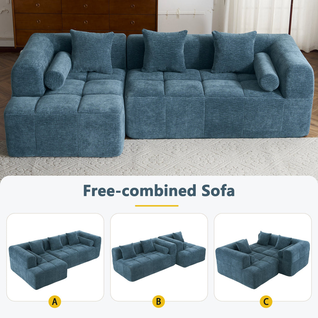 Modern Modular Sofa with Deep Seating, Two Side Pockets, and Plush Pillows in Blue Chenille Fabric, 101.2'