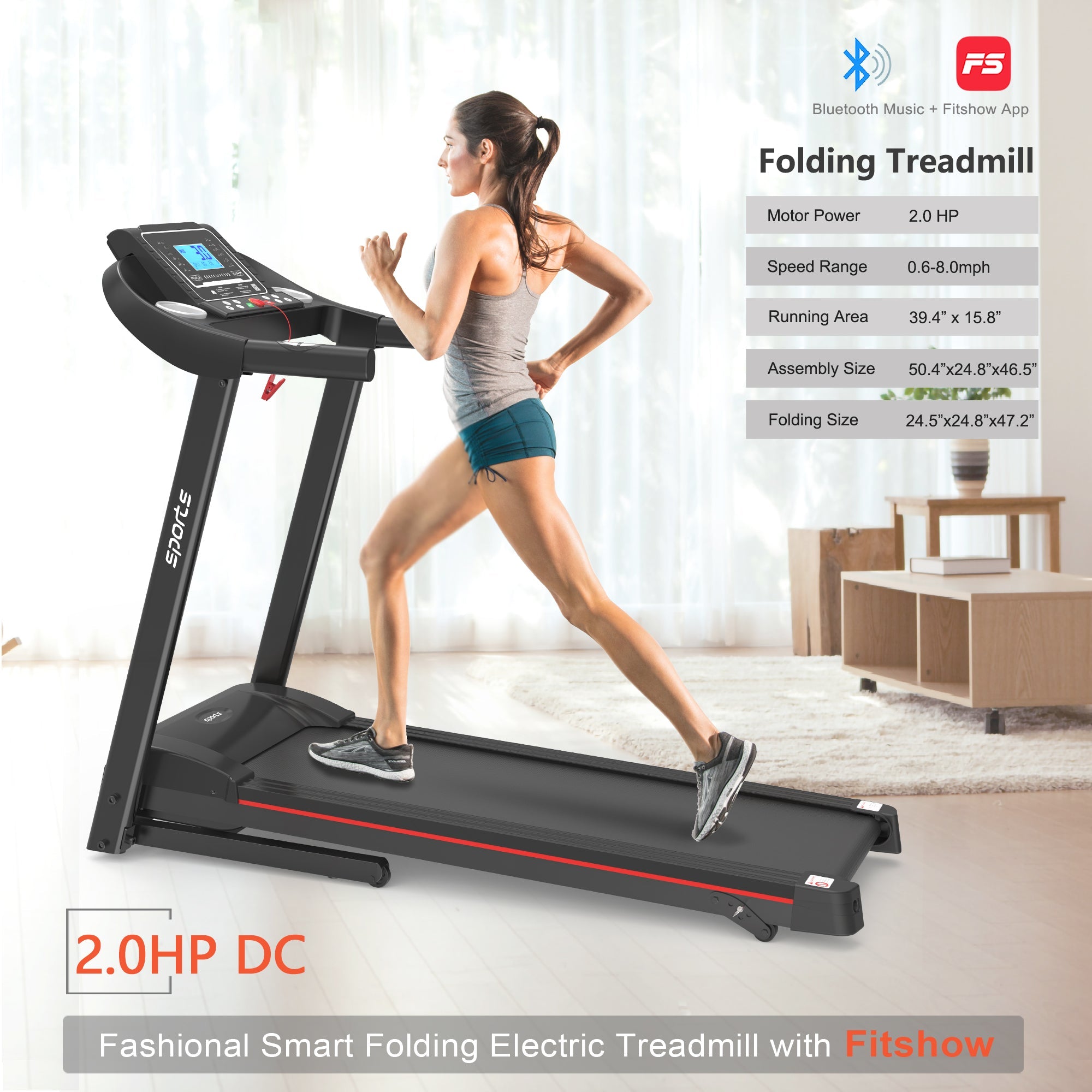 Fitshow App Home Foldable Treadmill with Incline, Folding Treadmill for Home Workout, Electric Walking Running Treadmill Machine 5' LCD Screen 250 LB Capacity Bluetooth Music