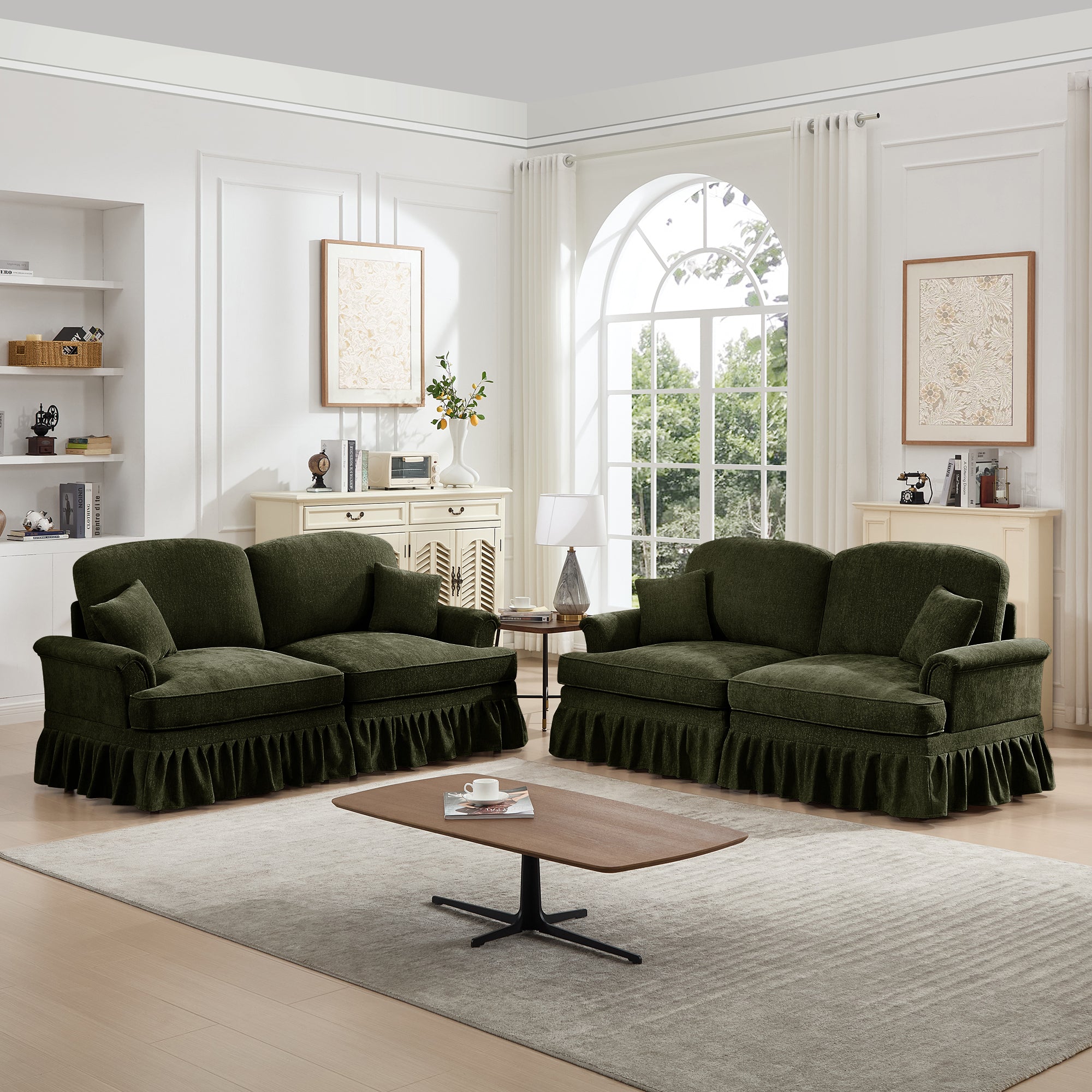 Classic 2 Piece Modular Couch Living Room Sofa Set with Flared Arms and Removable Ruffles Pleats Skirts and Spindle Legs, 2 Seater Sofa + 2-Seat Loveseat Sofa Sets for Living Room,Green