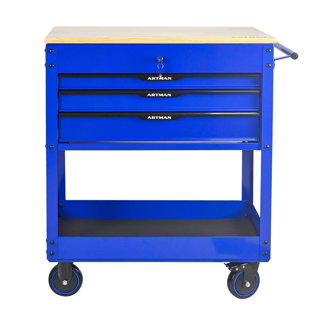 3 DRAWERS MULTIFUNCTIONAL TOOL CART WITH WHEELS AND WOODEN TOP-Blue