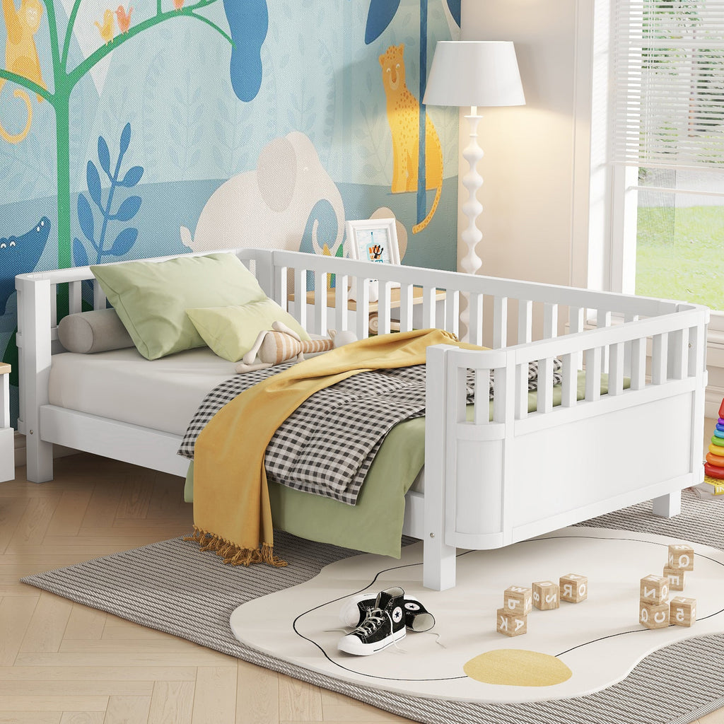 Twin Size Wood Platform Bed for Kids, Wood Low Profile Twin Bed with Rails for Girls and Boys, White (Patented Design)