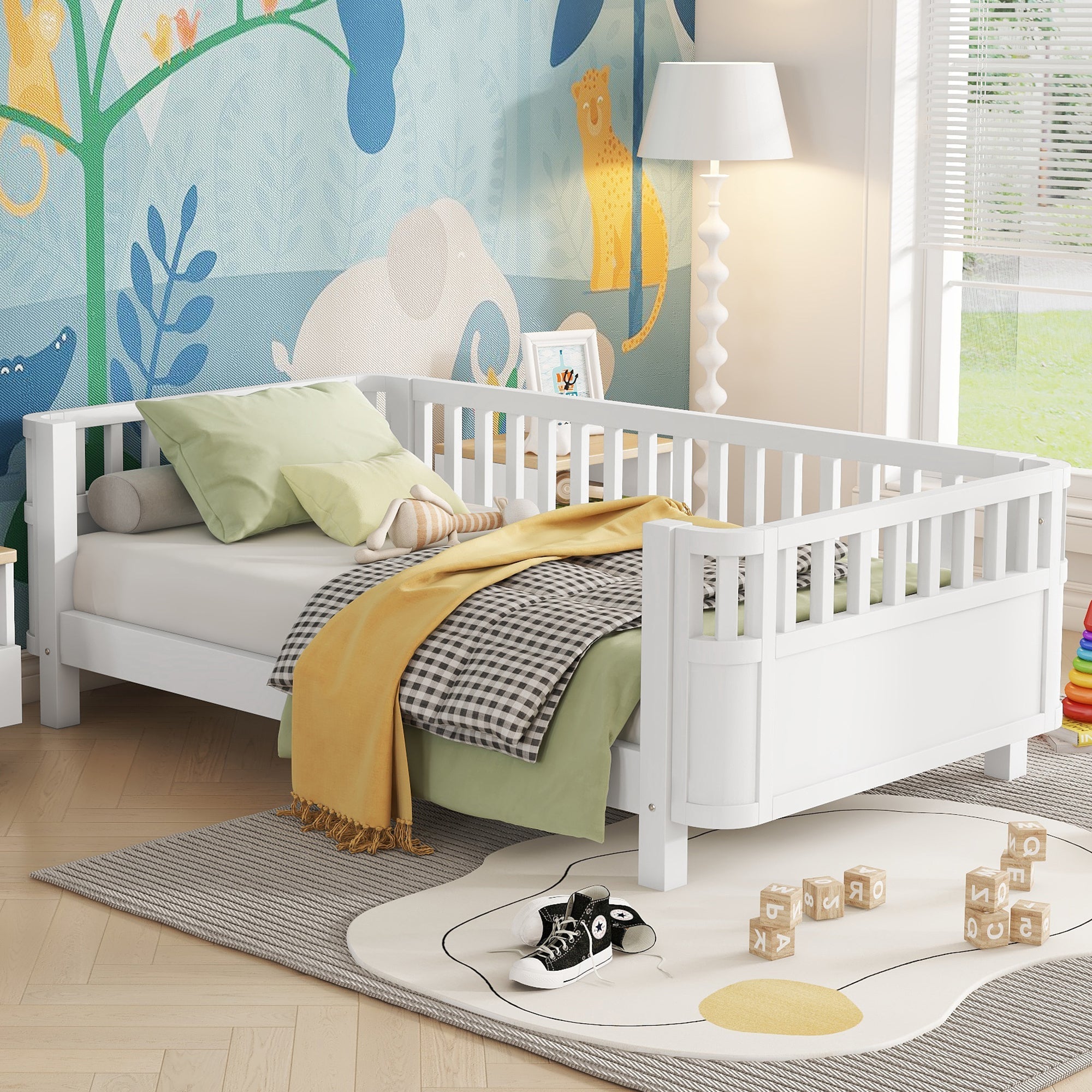Twin Size Wood Platform Bed for Kids, Wood Low Profile Twin Bed with Rails for Girls and Boys, White (Patented Design)