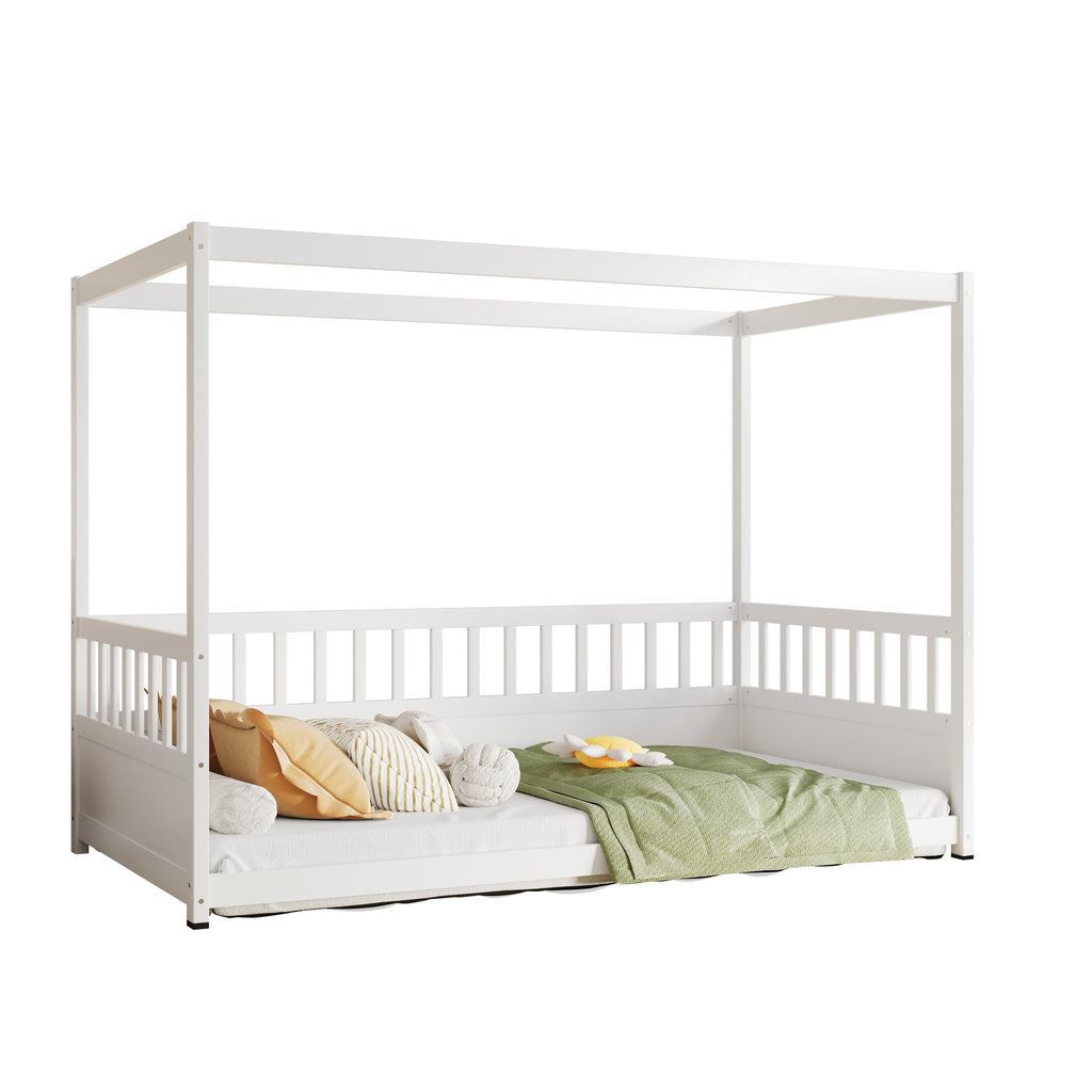Twin Size Canopy Bed Frame with Guardrails for Kids,Floor Bed Twin with Four Poster Design,Kids Montessori Floor Bed,Wood Canopy Bed Frame for Girls,Boys(Twin,White)