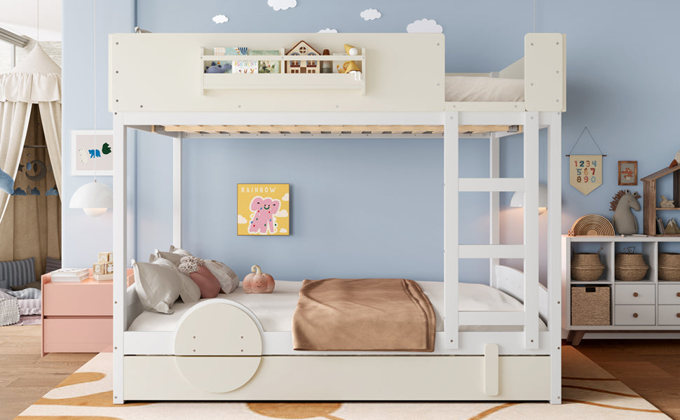 Queen Bunk Bed with Trundle , Wood Bunk Bed Frame with Built-in Bookshelf and High-quality Safety Guardrail,Automobile Form Design for Kids ,White＆ Beige.