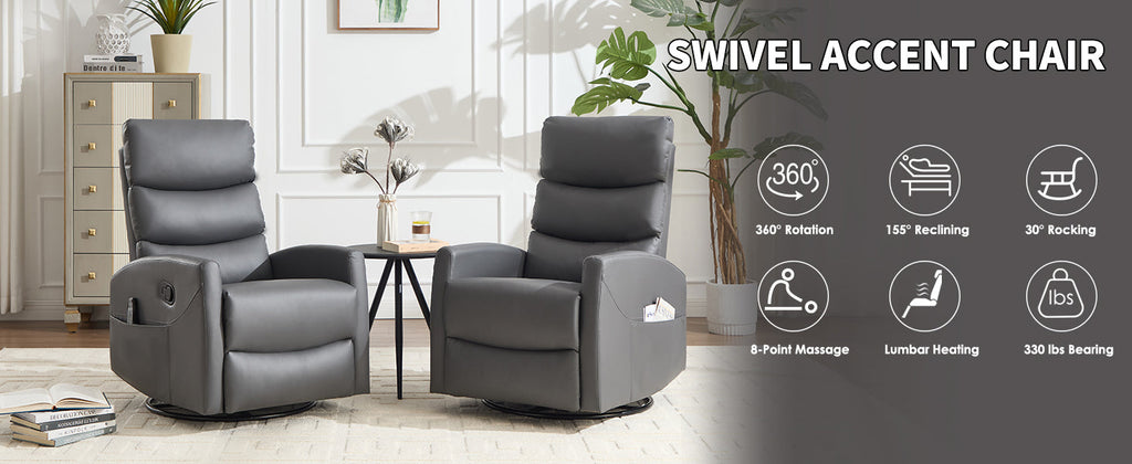 Heat Massage Manual Recliner Chair with Rocker and Swivel in Fabric for Living Room, Grey