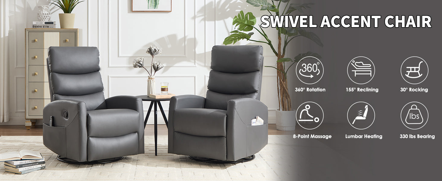 Heat Massage Manual Recliner Chair with Rocker and Swivel in Fabric for Living Room, Grey