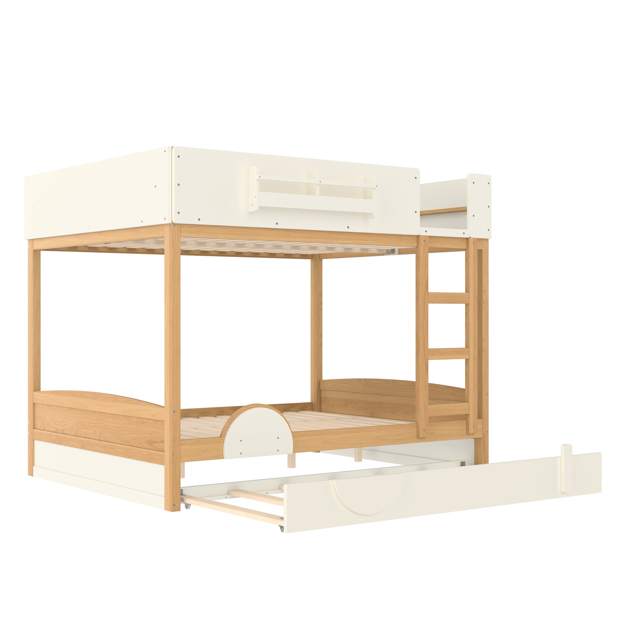 Queen Bunk Bed with Trundle , Wood Bunk Bed Frame with Built-in Bookshelf and High-quality Safety Guardrail,Automobile Form Design for Kids,Natural＆Beige