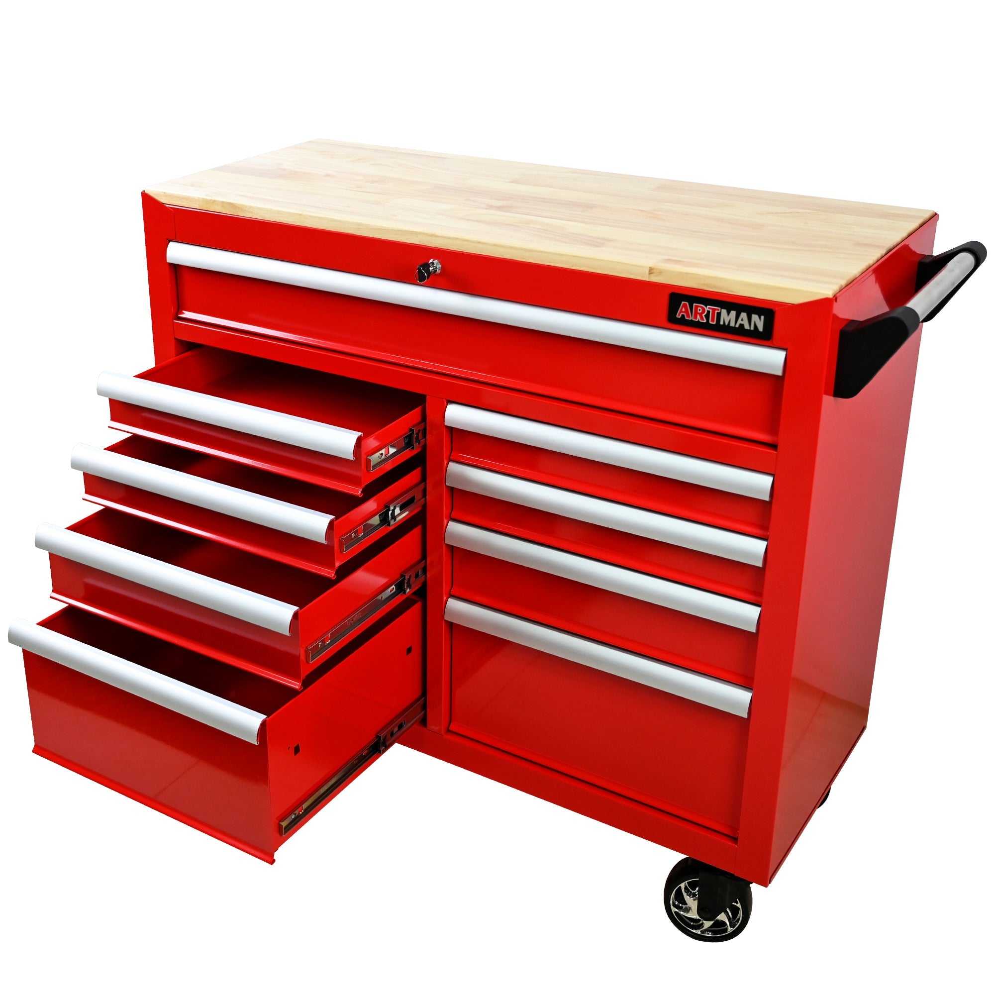 9-Drawer Multifunctional Steel Tool Cart with Wheels and Wooden Top, Red