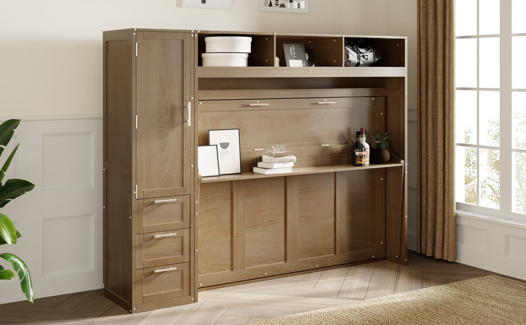 Full Size Murphy Bed with Wardrobe, Drawers and Open Shelves, Antique Wood