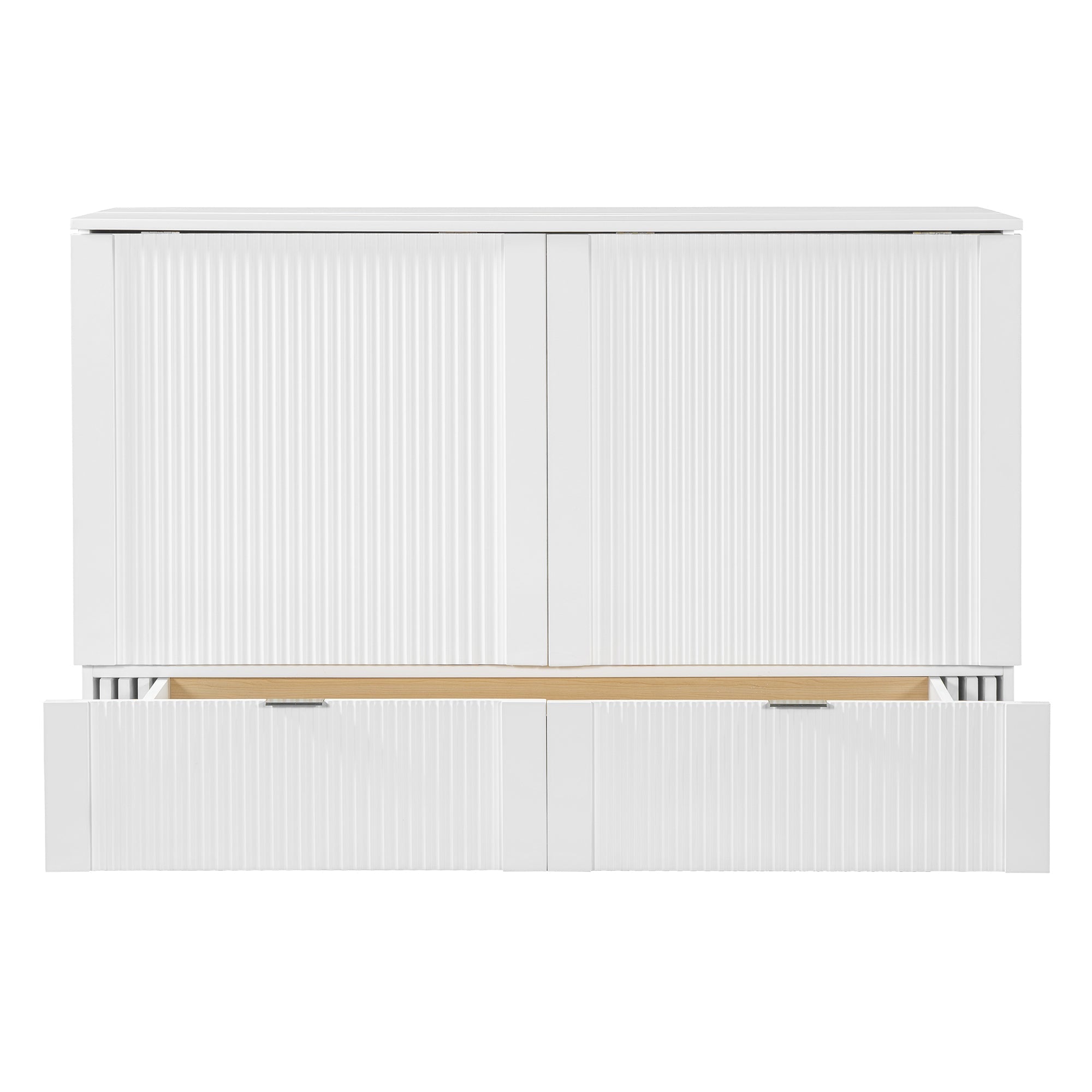 Queen Size Murphy  Bed with drawer and a set of Sockets & USB Ports, Pulley Structure Design, White