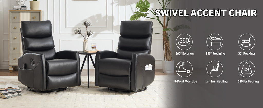 Heat Massage Manual Recliner Chair with Rocker and Swivel in Fabric for Living Room, Black