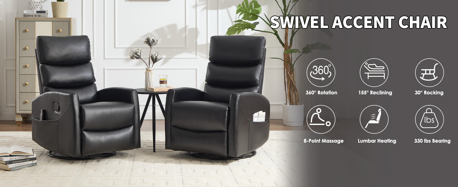 Heat Massage Manual Recliner Chair with Rocker and Swivel in Fabric for Living Room, Black