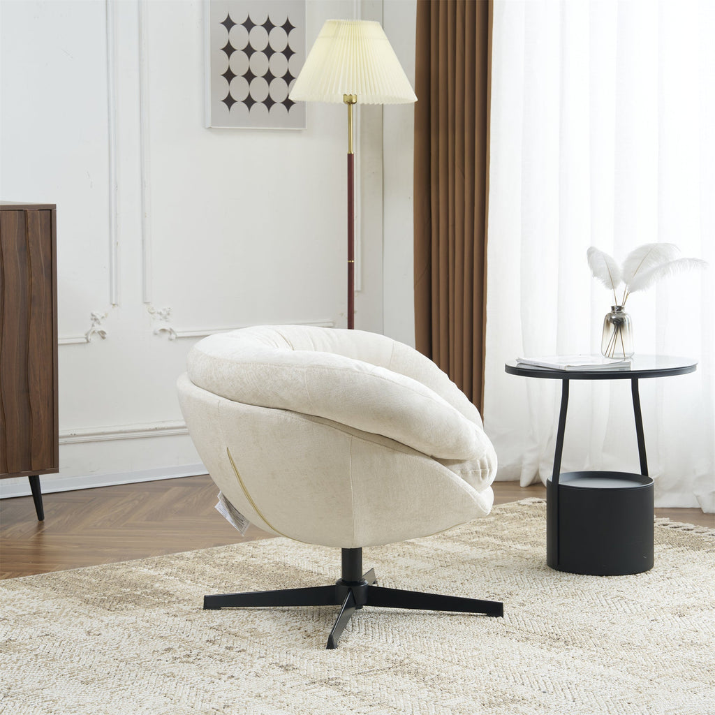 Modern Chenille Office Chair, 360° Swivel Club Chair/Accent Chair with Removable Cushion, Round Office Chair, Black Metal Base, Cotton Material, Living Room, Bedroom, Reading Corner, Office (Beige)