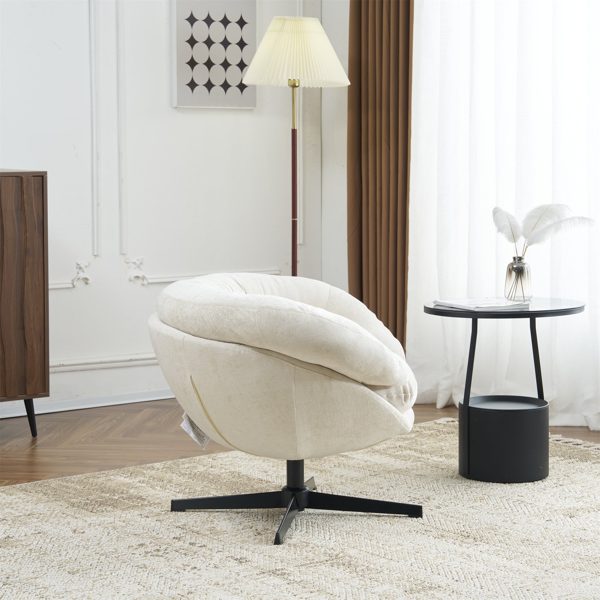 Modern Chenille Office Chair, 360° Swivel Club Chair/Accent Chair with Removable Cushion, Round Office Chair, Black Metal Base, Cotton Material, Living Room, Bedroom, Reading Corner, Office (Beige)