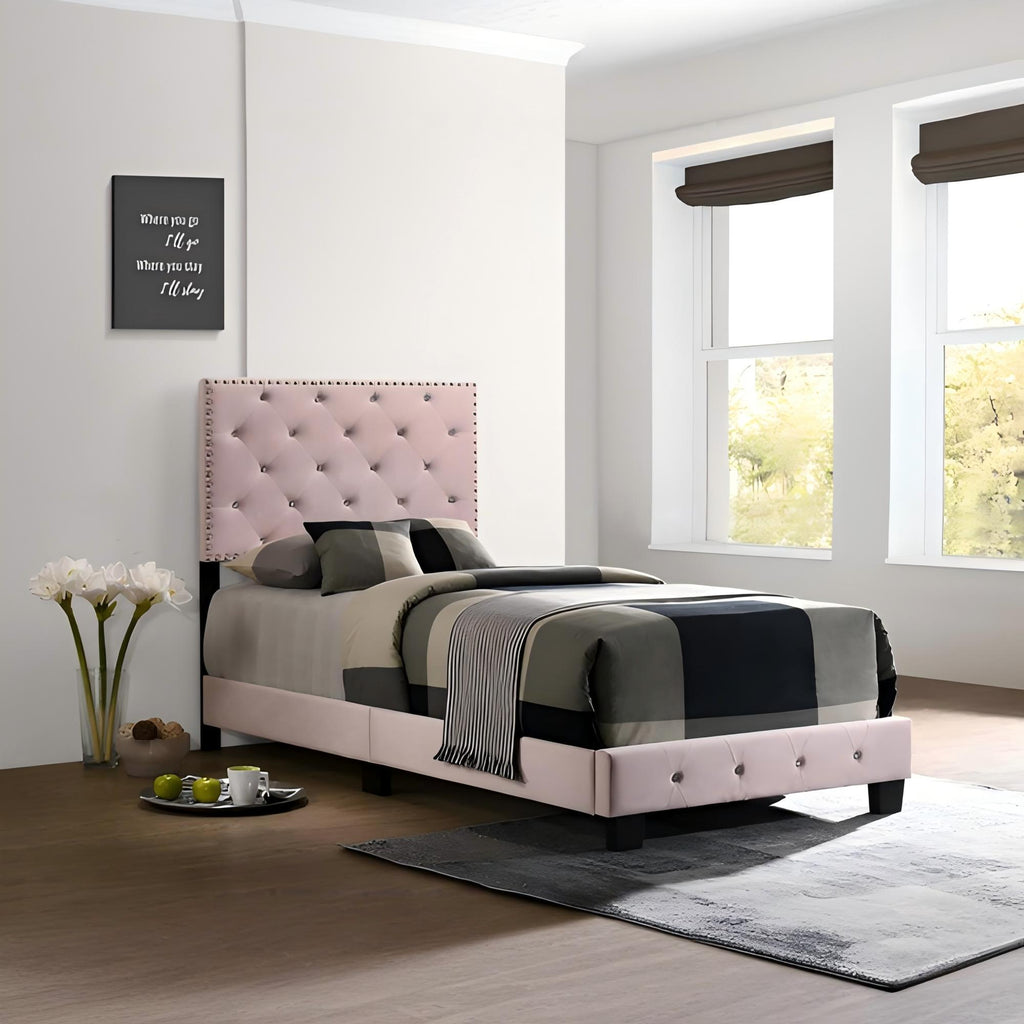 Charming Pink Velvet Twin Bed for Kids with Easy Setup and Durable Design