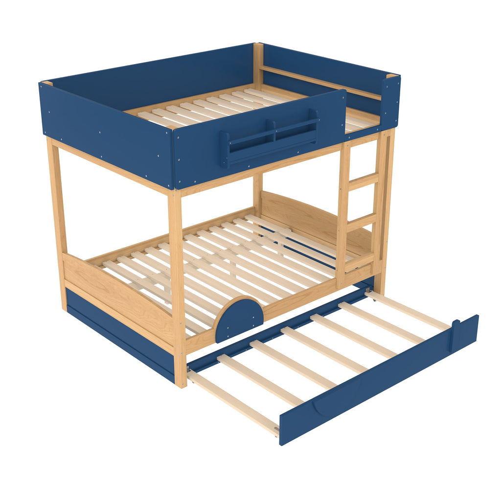 Full Bunk Bed with Trundle , Wood Bunk Bed Frame with Built-inBookshelf and High-quality Safety Guardrail,Automobile Form Design for Kids ,Blue＆Natural.