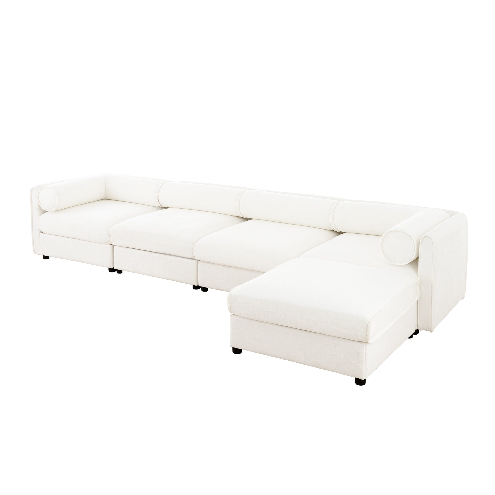 Modular Sectional Sofa with Storage, Cylindrical Backrest and Armrests Deep Comfortable Seating,Durable and Supportive for Living Room,4 Seat L- Shaped Sofa, White