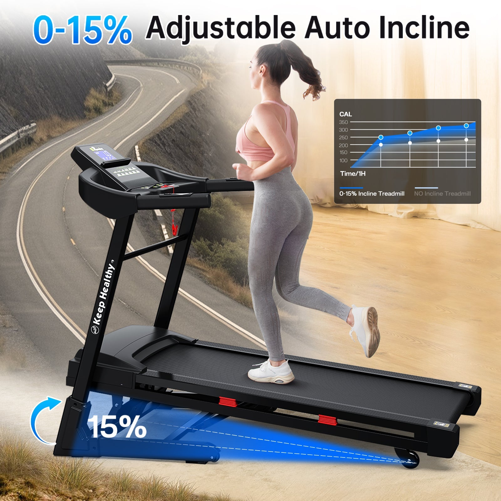 Treadmills for Home, Electric Treadmill with  Automatic Incline, Foldable 3.5HP Workout Running Machine Walking, Double Running Board Shock Absorption Pulse Sensor Bluetooth Speaker APP FITSHOW.400lbs