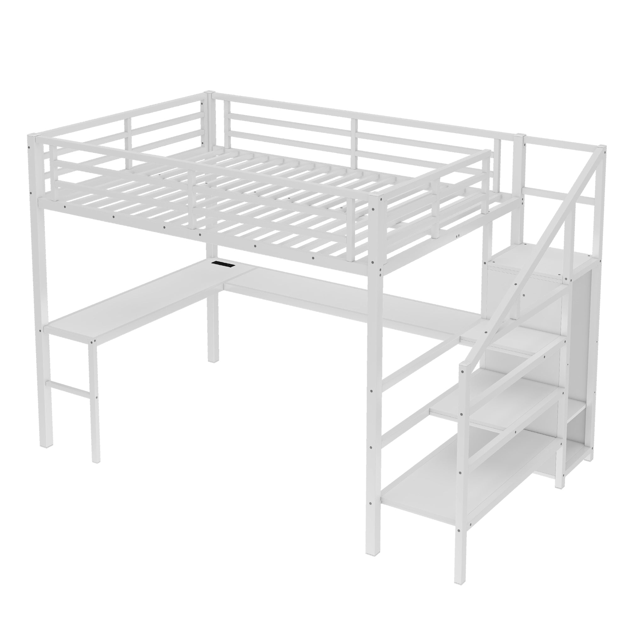 Queen Size Loft Bed with L-shaped Desk and USB, Metal Loft Bed with Wardrobe and Adjustable Shelf, High Loft Bed with LED for Kids Teens Adults, White