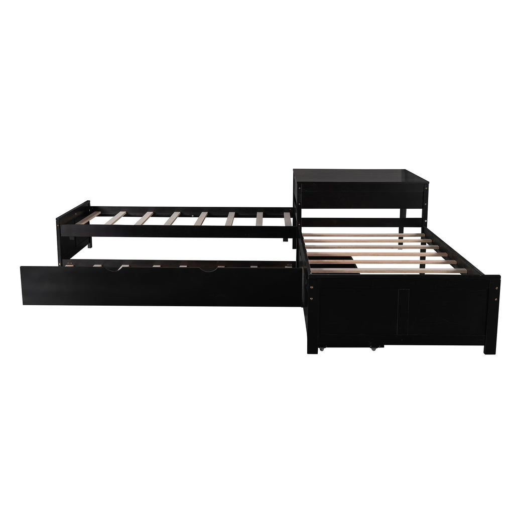 L-shaped Platform Bed with Trundle and Drawers Linked with built-in Desk,Twin,Espresso(Old SKU:SM000916AAP)