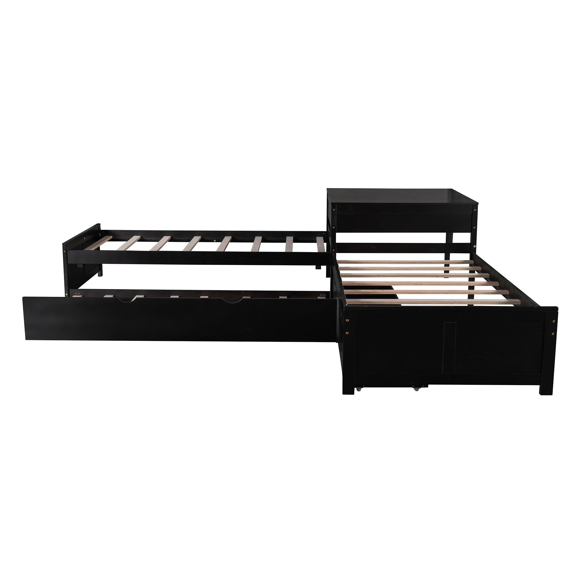 L-shaped Platform Bed with Trundle and Drawers Linked with built-in Desk,Twin,Espresso(Old SKU:SM000916AAP)