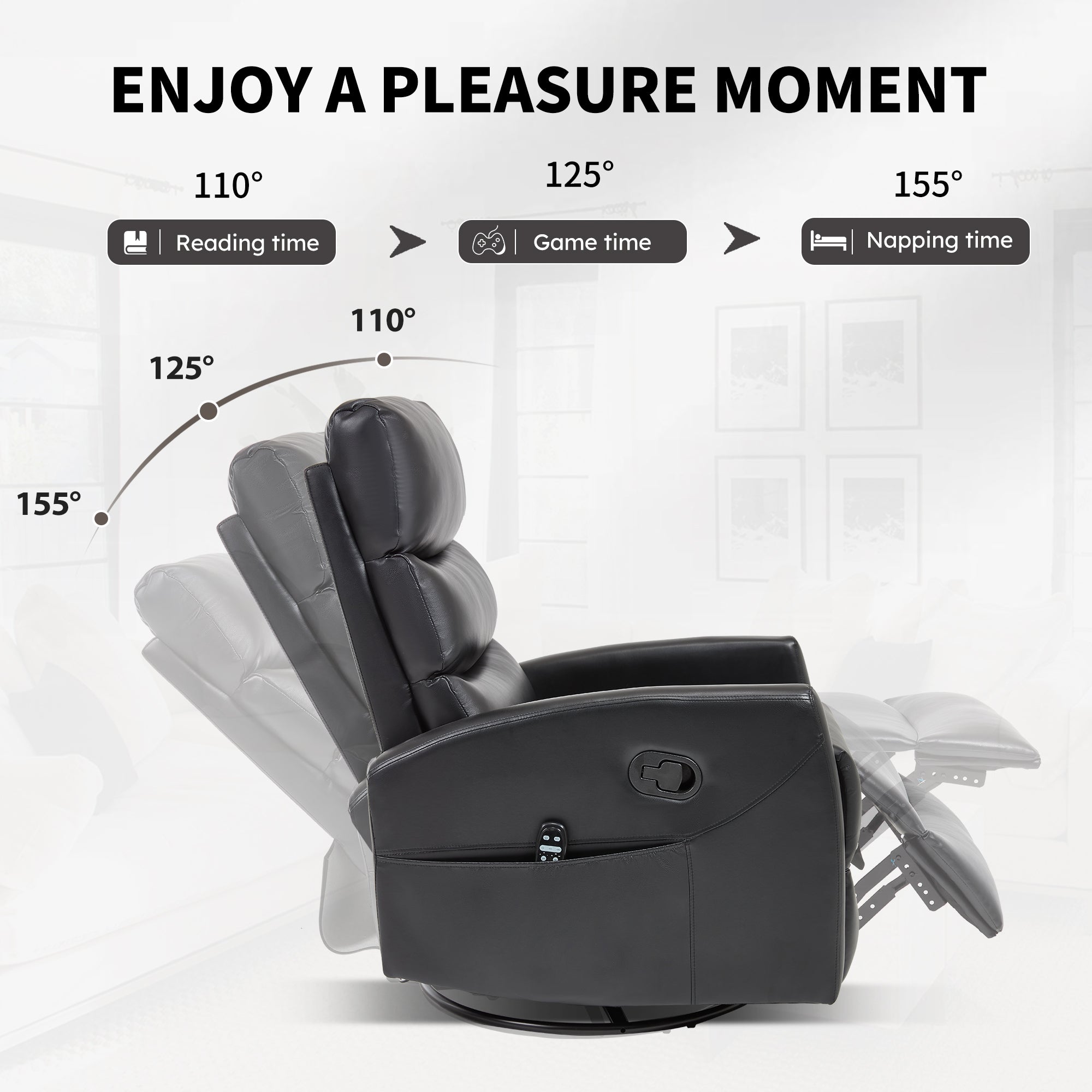 Heat Massage Manual Recliner Chair with Rocker and Swivel in Fabric for Living Room, Black
