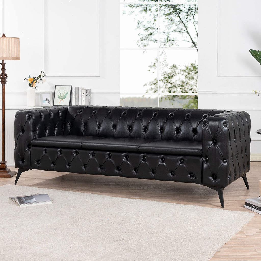 Traditional Square Arm Sofa with Removable Cushions in Black PU, 84.06 Inch Width