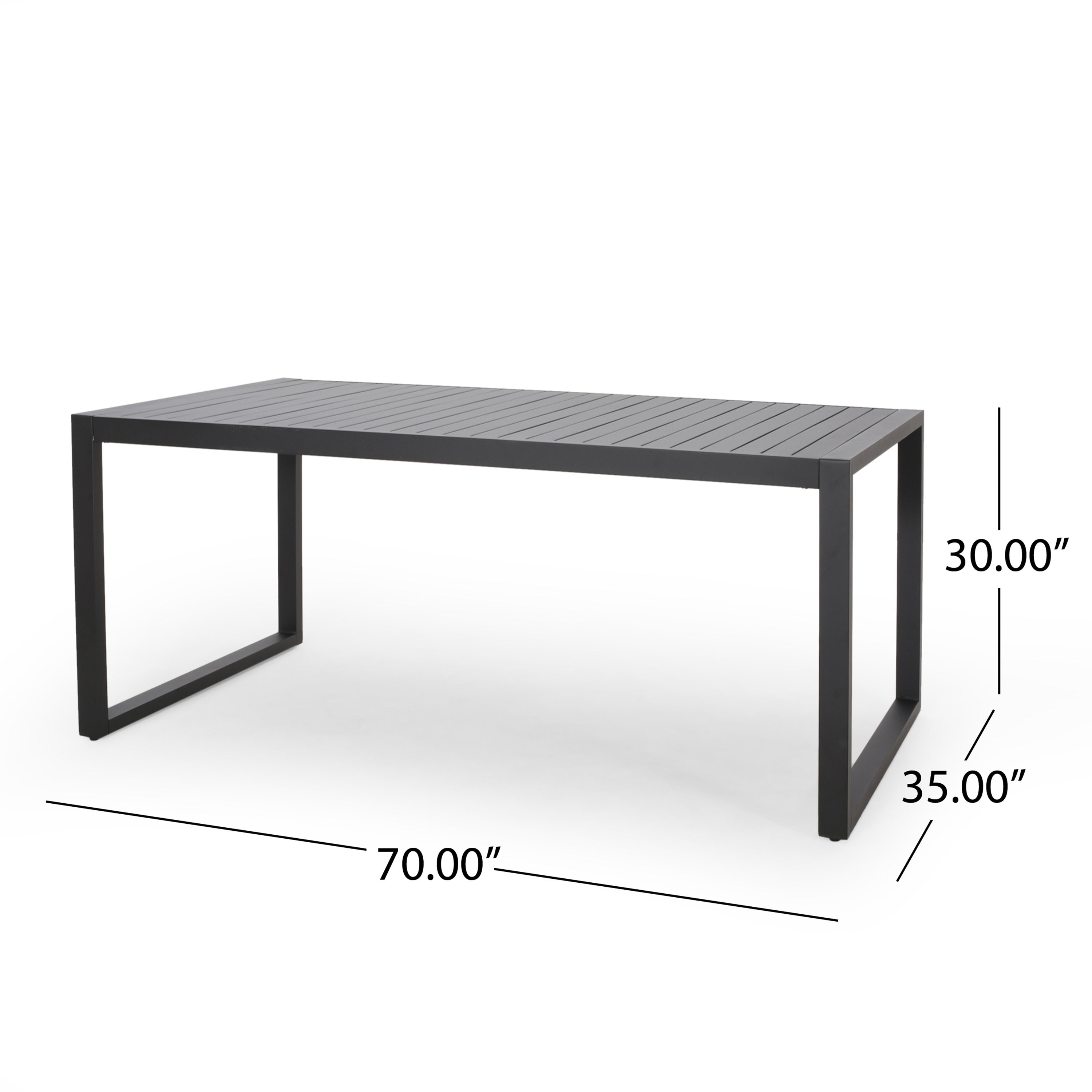 Modern Outdoor Dining Table with Black Aluminum Frame, Slatted Top, and U-Shaped Legs – 70' x 35'