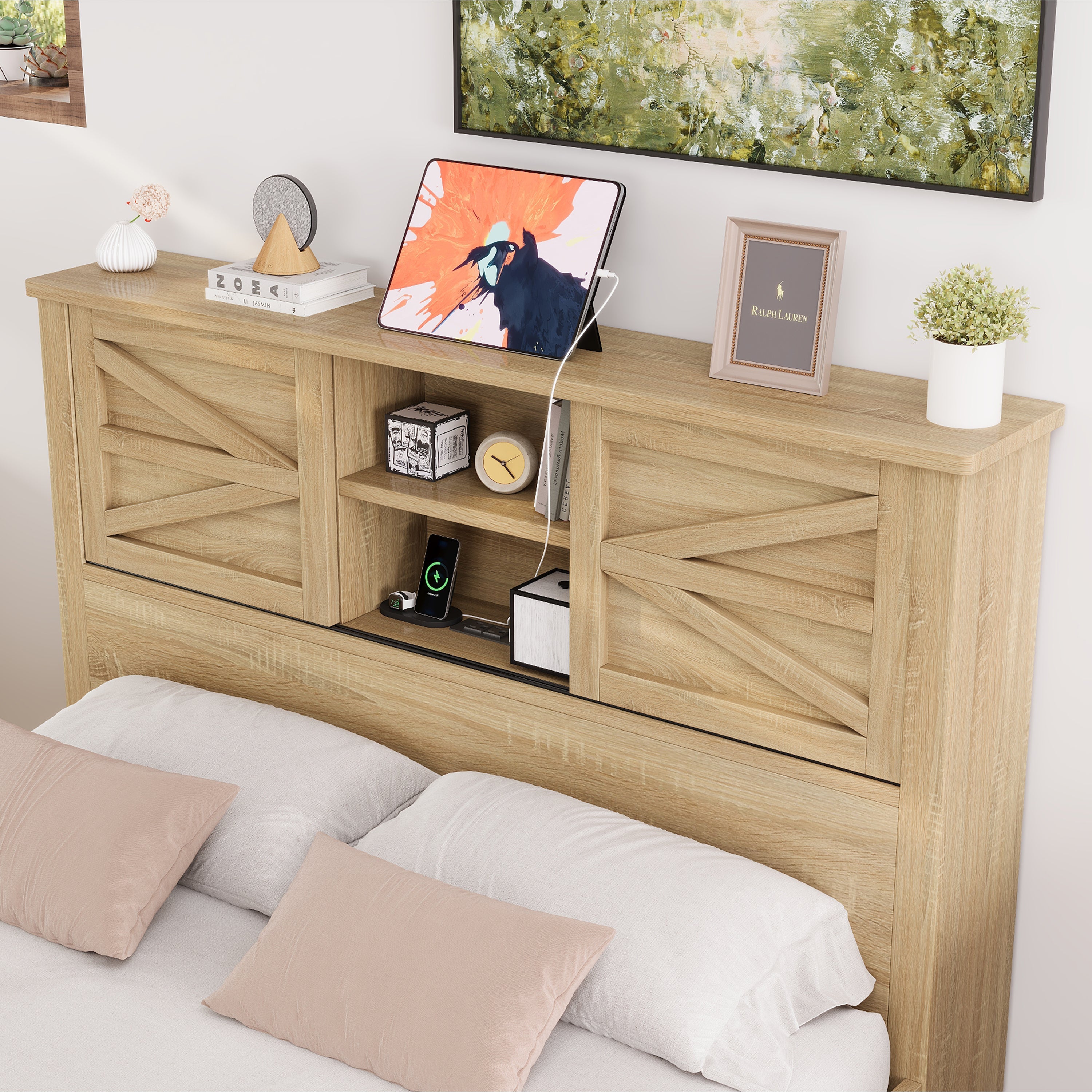 3-Pieces Bedroom Sets Full Size Farmhouse Platform Bed with Double Sliding Door Storage Headboard and Charging Station, Storage Nightstand and Dresser, Natural