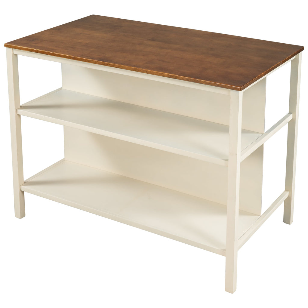 TOPMAX Rustic 3-piece Stationary Kitchen Island Set with Butcher Block and Seating, Walnut and Cream White