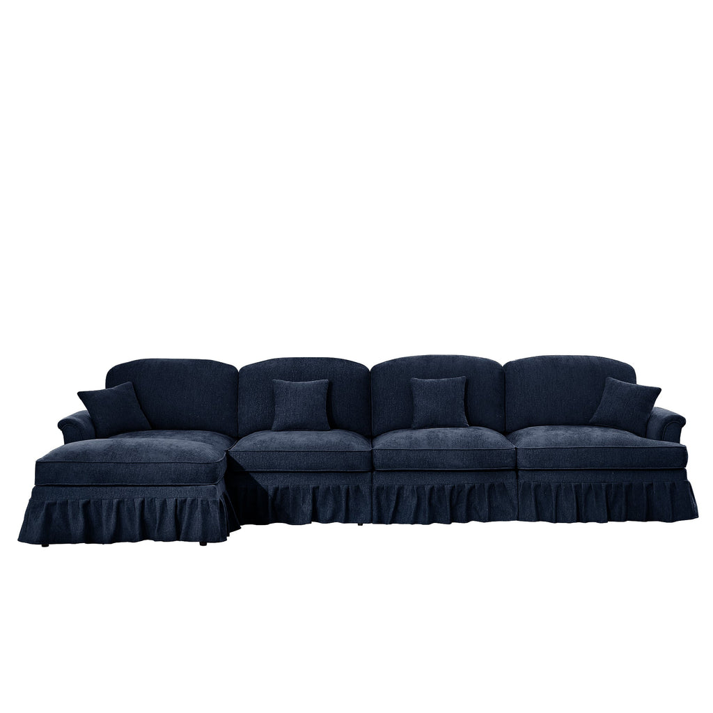 Classic Three Seater Modular L Shaped Sectional Couch with Flared Arms and Removable Ruffles Pleats Skirts and Spindle Legs, Comfy Chenille Four-Seat Deep Seat Sofa with Movable Ottoman, Blue