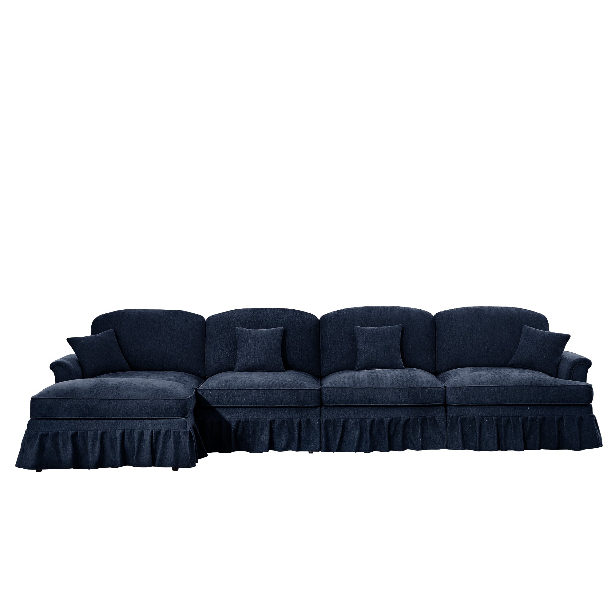 Classic Three Seater Modular L Shaped Sectional Couch with Flared Arms and Removable Ruffles Pleats Skirts and Spindle Legs, Comfy Chenille Four-Seat Deep Seat Sofa with Movable Ottoman, Blue