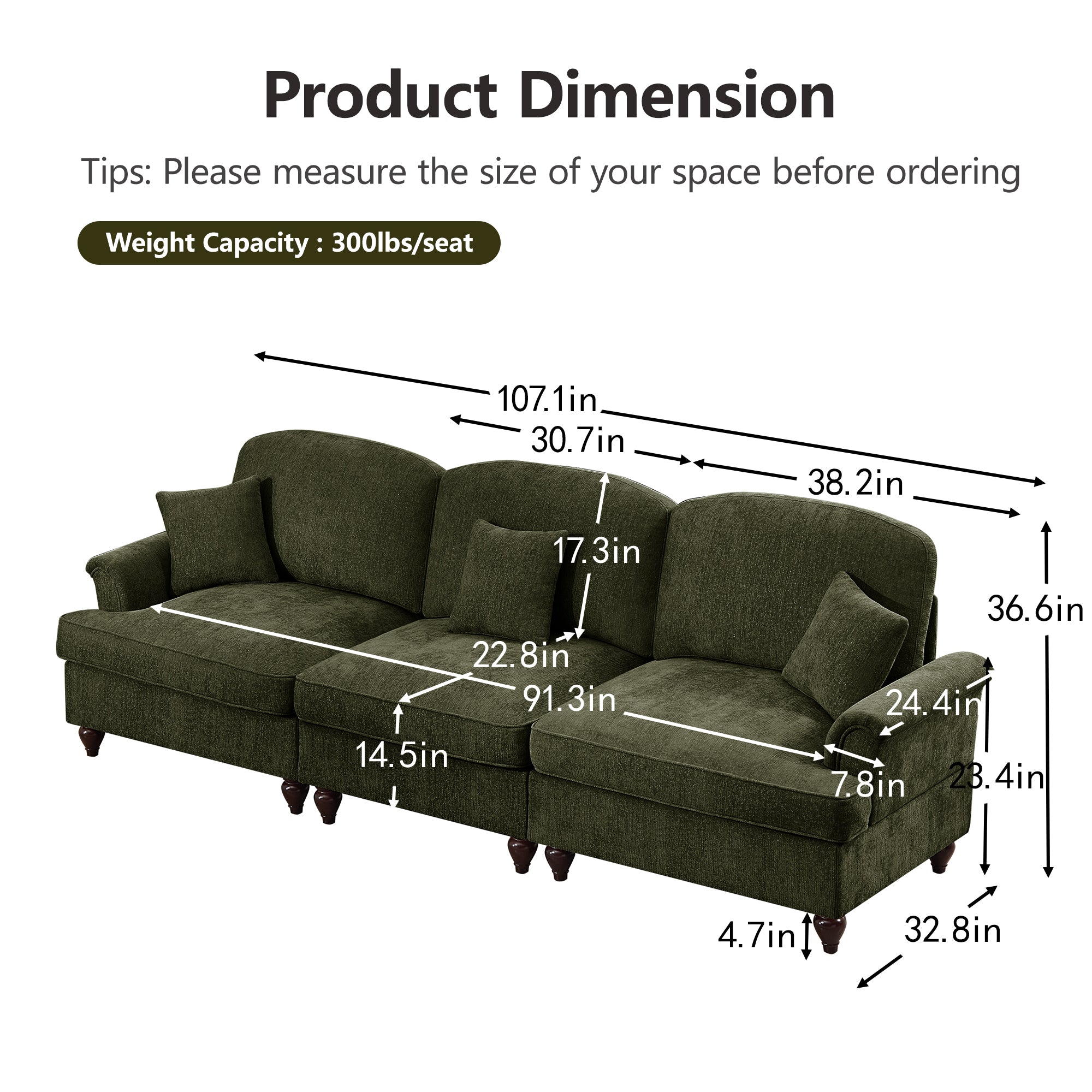 Classic 2 Piece Modular Couch Living Room Sofa Set with Flared Arms and Removable Ruffles Pleats Skirts and Spindle Legs, 3 Seater Sofa + 2-Seat Loveseat Sofa Sets for Living Room,Green