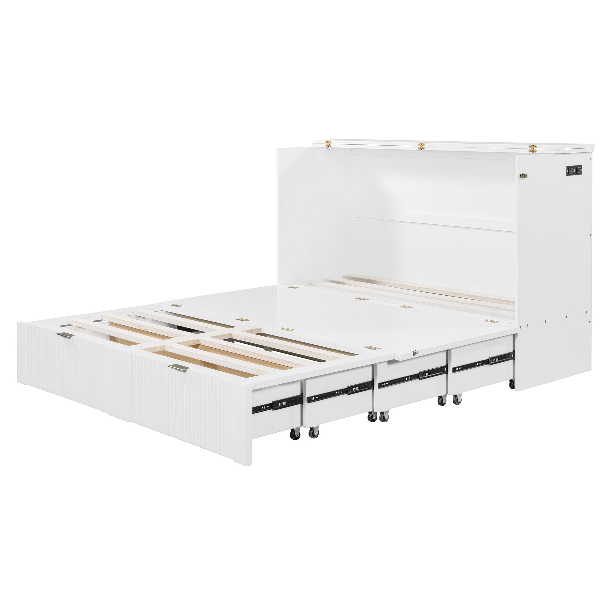 Queen Size Murphy  Bed with drawer and a set of Sockets & USB Ports, Pulley Structure Design, White
