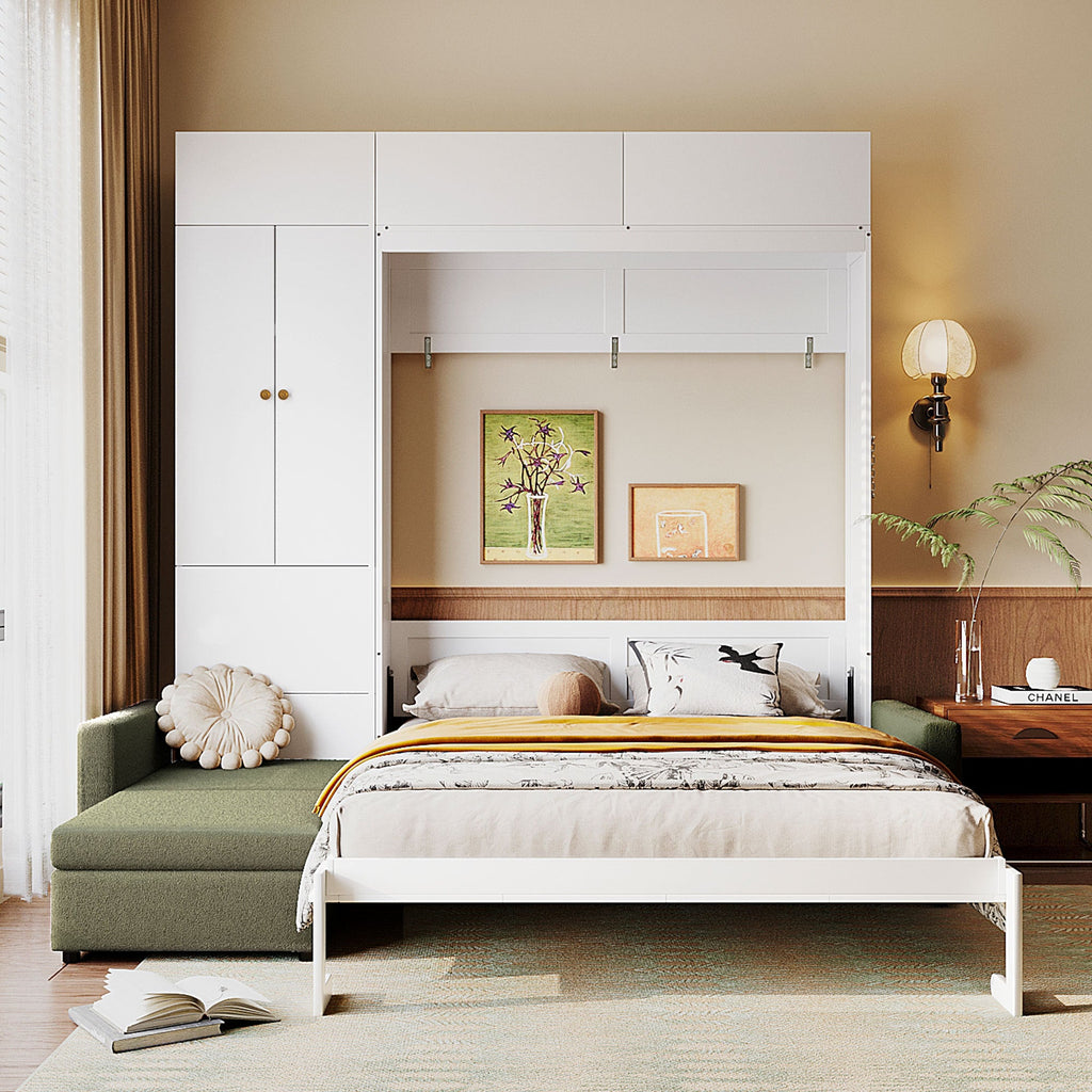 Queen Size Murphy Bed Wall Bed with Sofa and Shelves,White Panel, Green Sofa