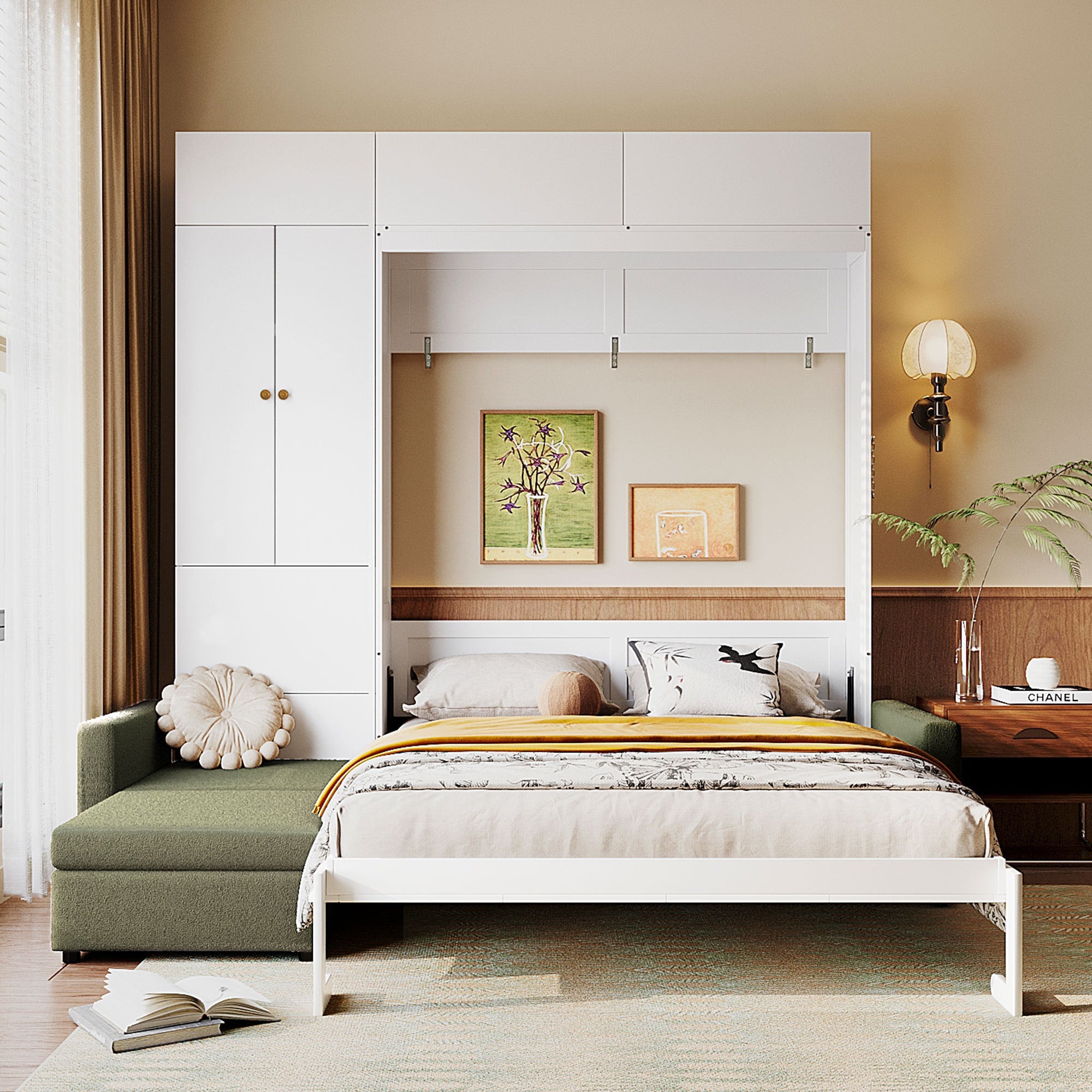 Queen Size Murphy Bed Wall Bed with Sofa and Shelves,White Panel, Green Sofa