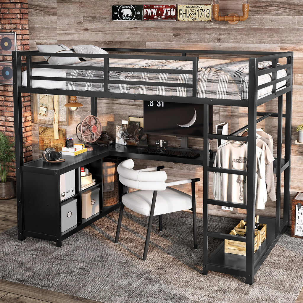 Metal Loft Bed with Wardrobe and L-shaped Desk, Twin Size Loft Bed with Storage Cubes and Shelves, Loft Bed for Kids Teens Adults, Black