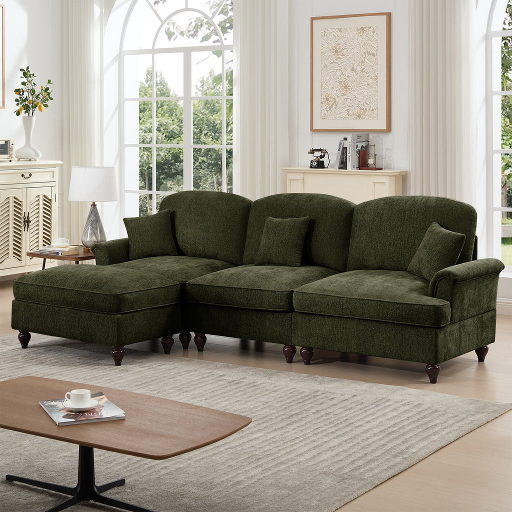 Mid Century Three Seater Modular L Shaped Sectional Couch with Flared Arms and Removable Ruffles Pleats Skirts and Spindle Legs, Comfy Chenille 3-Seat Deep Seat Sofa with Movable Ottoman,Green