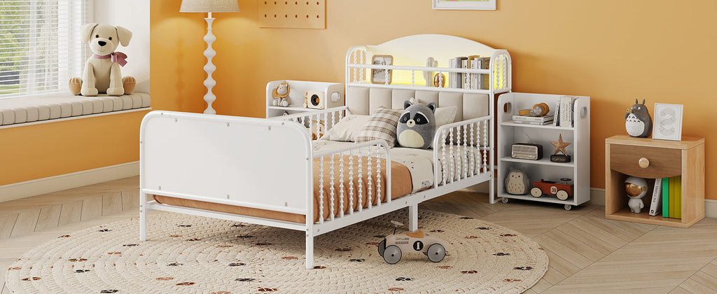 Twin Size Metal Platform Bed Frame with Light, Kids Twin Metal Bed with Upholstered and Pull Out Storage Shelves, White (Expect Arrival Date 2025/10/5)